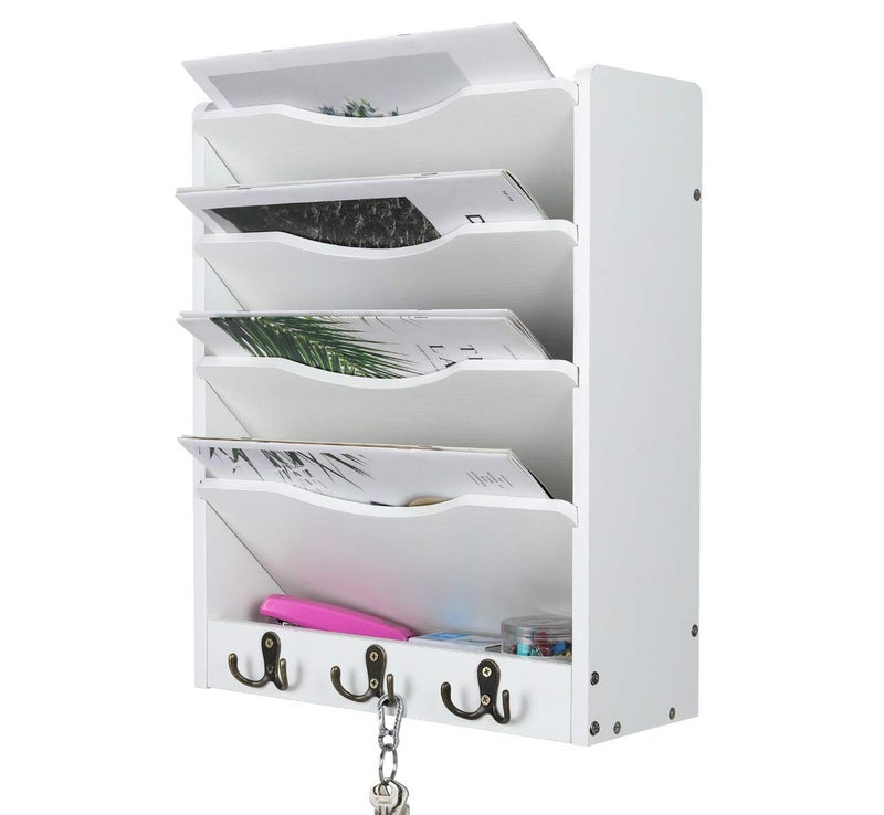 PAG 5-Tier Wall File Holder Hanging Mail Organizer Wood Magazine Literature Rack with 6 Hooks, White - Image 2